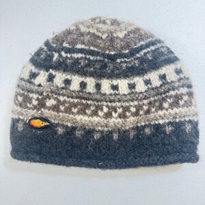 VTG Everest Designs Hand Knit Wool Beanie Hat Nepal Fair Trade Cloud Logo Aztec